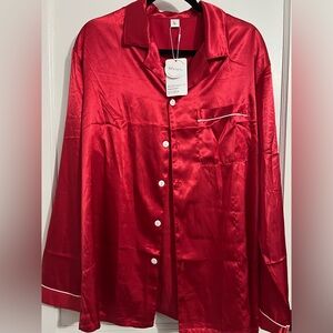 Red Satin Button-Down Lounge Sleep Blouse